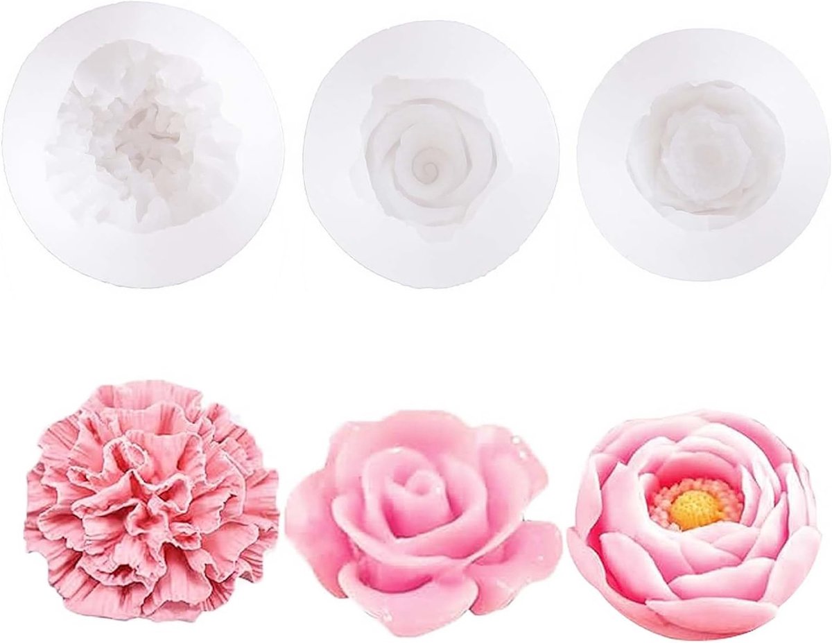 3 stuks 3D-siliconenvormen bloemen siliconen vormen bloemen fondant rozen siliconen vorm rozen bloemen kaarsvorm siliconen vorm voor zeep, fondant, kaarsen, chocolade