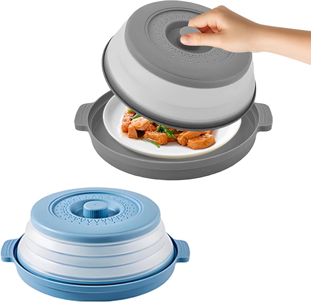 Magnetronafdekking, 2 stuks opvouwbare magnetronafdekking, filtermand met stoomgaten, magnetronafdekkingen voor groenten en fruit (grijs en blauw, 26 cm)