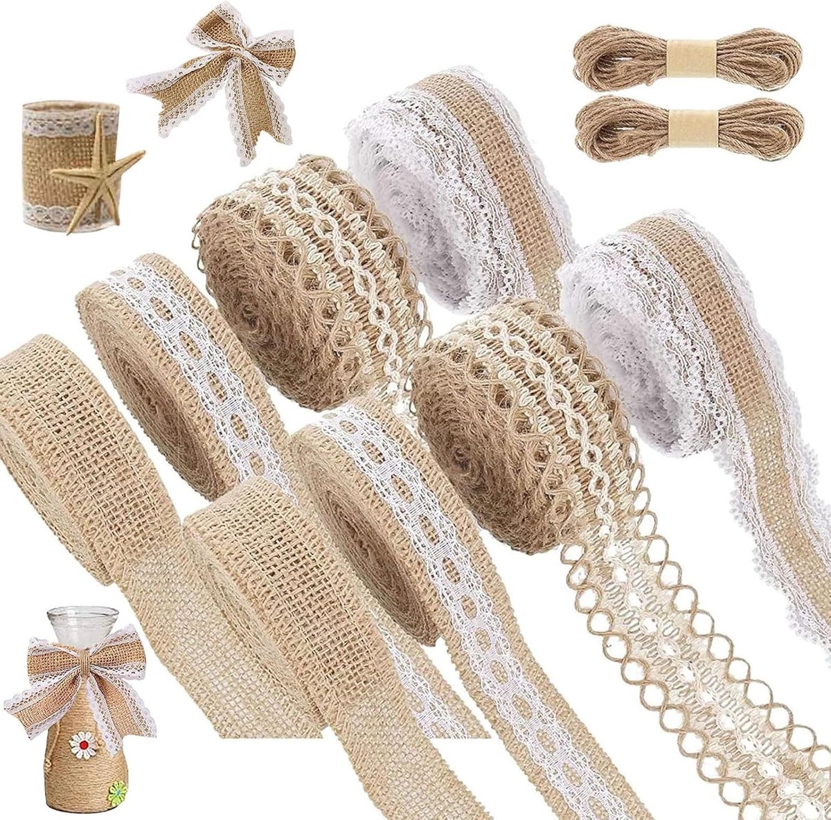 8 rollen jute lint, jute band met kant, naturel, vintage decoratie voor bruiloft met 2 jute touwen, zelfklevende kanten band, kerstdecoratie, bruiloft, feest, knutselen, cadeaulint