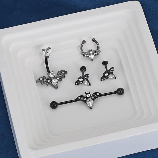 14G 16G vleermuispiercing set Halloween lichaamssieraad hoefijzer neusring hoefijzer neusring hoepels labret lippiercing tragus oorbel navelring industriële barbell, Roestvrij staal Zirkonia — afbeelding 3