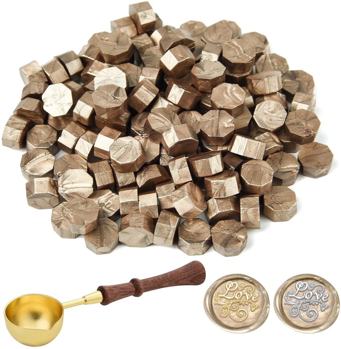300 stuks zegelwas, champagnegoud, zegelwasparels, 1 smeltlepel, achthoekige waszegelset voor uitnodigingen, kaarten, enveloppen, wijnpakketten, geschenkverpakkingen