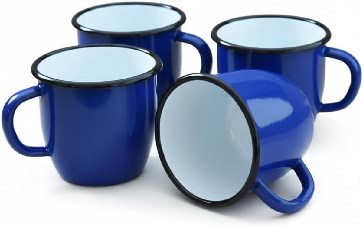 4 bekers van geëmailleerd metaal, conisch, 250 ml, blauw
