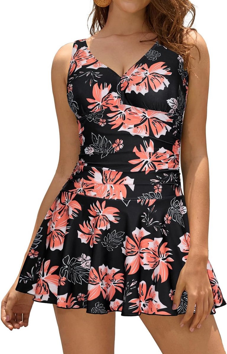 Dames Badpak Jurk V-hals retro Abdominale Controle Klassiek ruched Badmode Mode Eendelige Badjurk