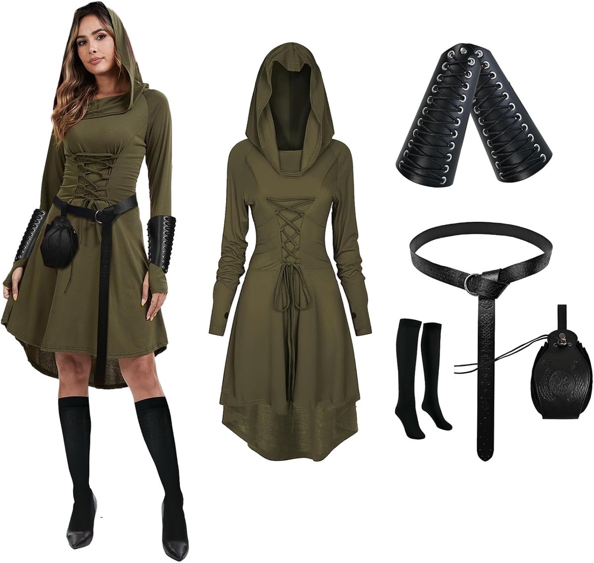 jurk set dames middeleeuwse kleding dames Halloween gewaad capuchon jurk met riem, retro gouden muntentas, korset, overknee-sokken, armbeschermers, schortklem.