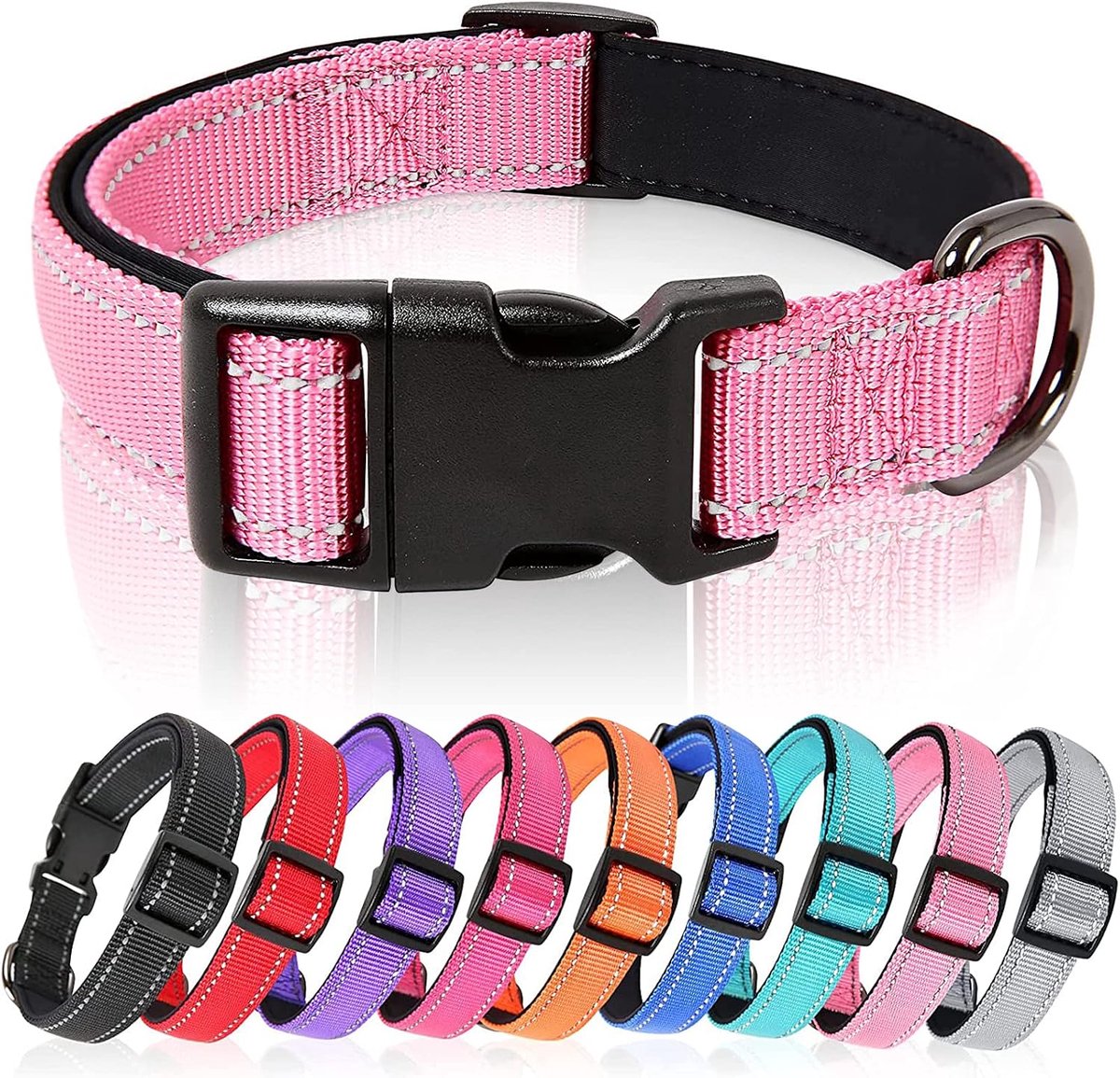 Hondenhalsband, Reflecterende Halsband, Gevoerde, Ademende, Zachte Neopreen Nylon Halsband, Verstelbaar voor Kleine Middelgrote Grote Honden, Roze, M