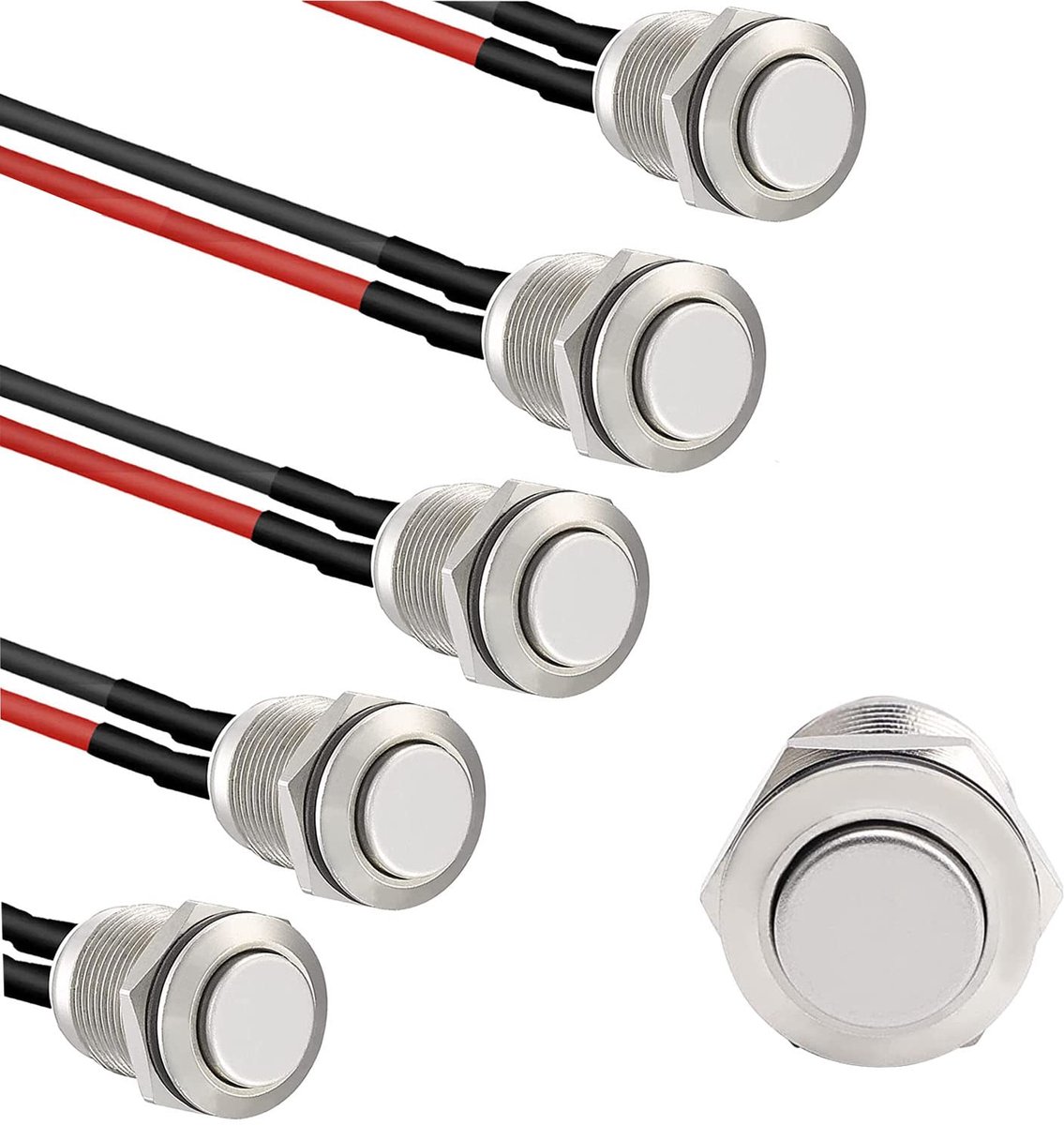 5 x momentane waterdichte knop, roestvrij staal, ronde knop, 12 mm, voorbedraad, belknop 2 A/12 V/24 V/125 V/250 V (hoge kop)