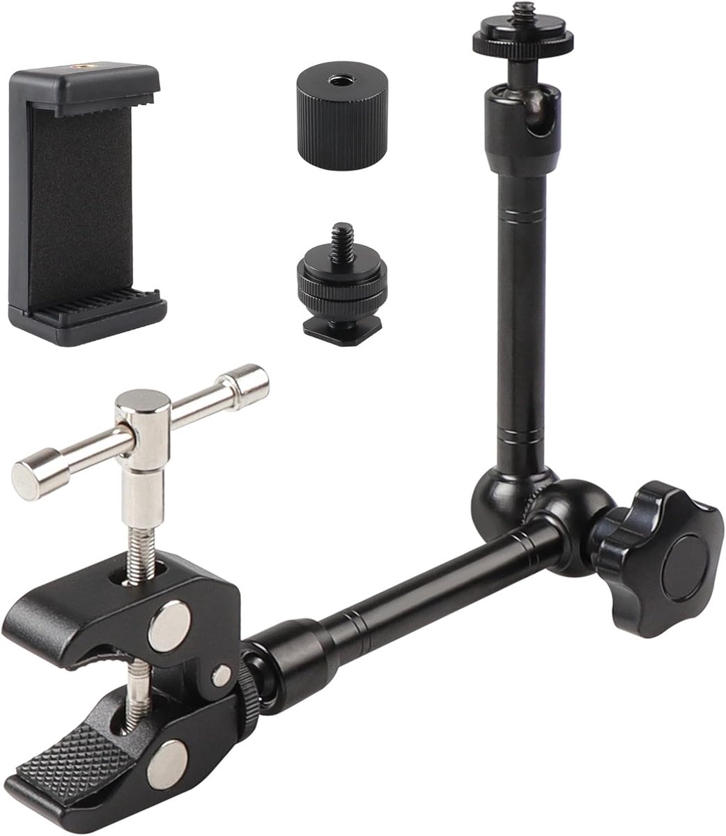 11 inch verstelbare scharnierende magische arm, superklem met 1/4 "en 3/8" schroefgaten en dual-hole houder voor fotografie, video, camera