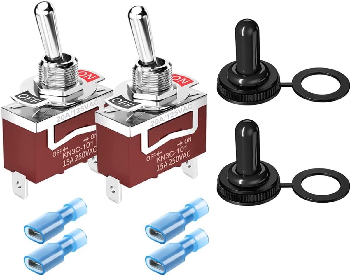 2 Stuks Waterdichte Tuimelschakelaar 12VDC 15A/24VDC 10A/125VAC 15A/250VAC 10A AAN/UIT 2-pins 2-standen SPST Schakelaar Auto Tuimelschakelaars met Waterdichte Dop en Draadconnector