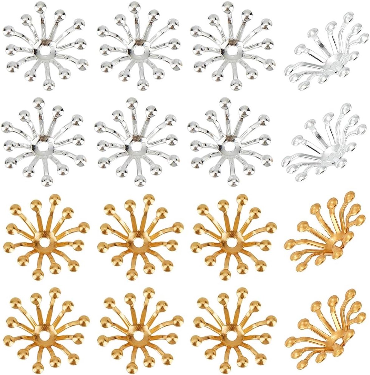 1 Doos 200Pcs Bead End Caps Bloem Meeldraden Filigraan Kralen End Caps 3D Gouden Zilver Messing Bloem Spacer End Cap Metalen Multi-Petal Kraal Caps voor Sieraden Maken DIY Oorbellen Ketting