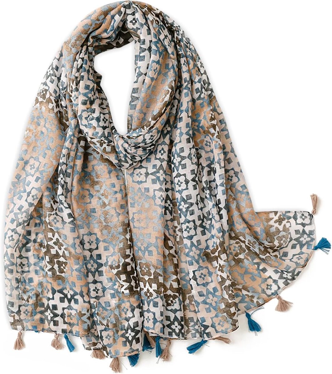 Voile Sjaal voor Vrouwen Bloemen Plant Gedrukt Geometrische Patronen Tweekleurige Kwastje Lichtgewicht Sheer Sjaal Lange Zachte Wikkel Stola, Blauw Bruin, Eén maat