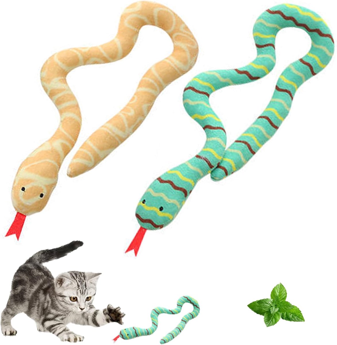 Cat Catnip Snake Toys voor binnenkatten, slangenspeelgoed 2pack met kattenkruid voor kitten spelen, interactief zacht pluche speelgoed voor kattenjacht en tandenreiniging, kleurrijk