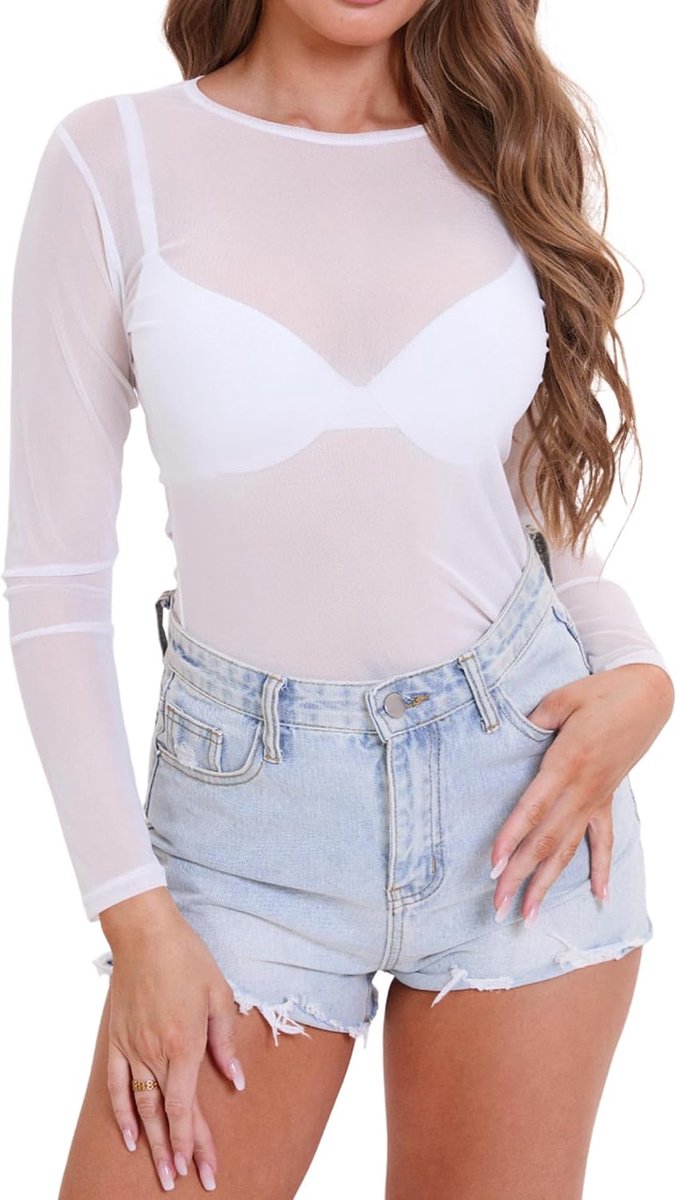 mesh bovenstuk transparant lange mouwen shirt vrouwen doorzichtig ronde hals T-shirt sexy mesh top party tops