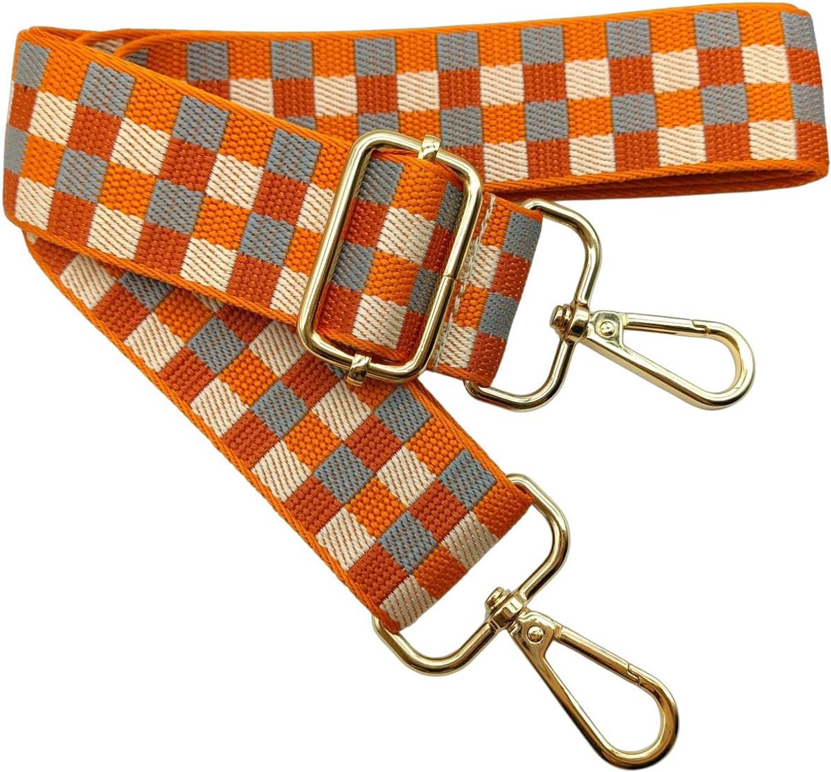 kleurrijke schouderriem voor dames, grijs/oranje, 80-130 cm, tasriem met gouden karabijnhaak, duurzaam, voor crossbody-tas, gitaar, moderne tassen, accessoires, 3,8 cm, 1509