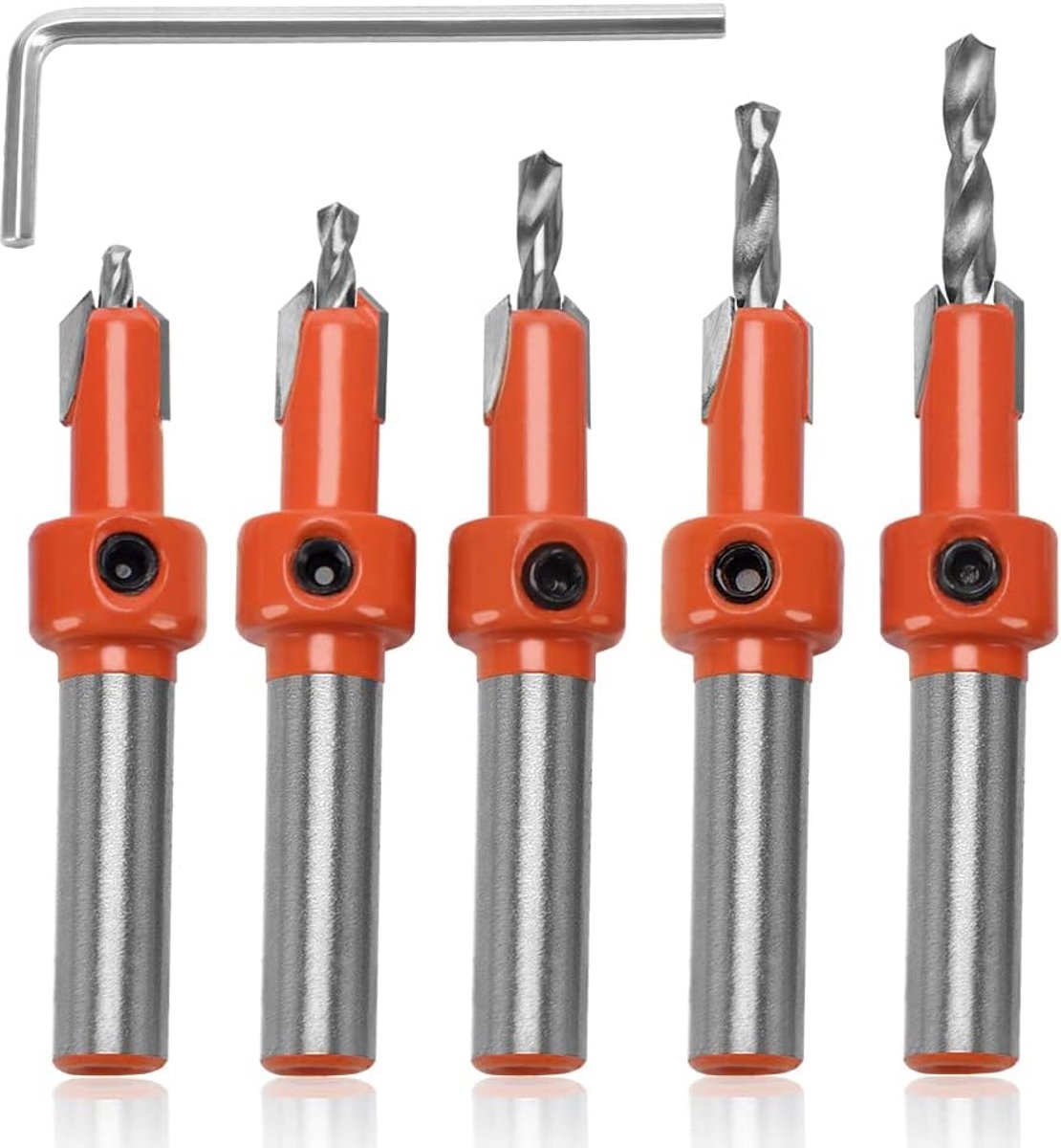 5 Stuks 8mm HSS Verzinkboorset, Houtbewerking Afschuiningsteller, Tapse Boor voor Houtboringen, met moersleutel en Schroef