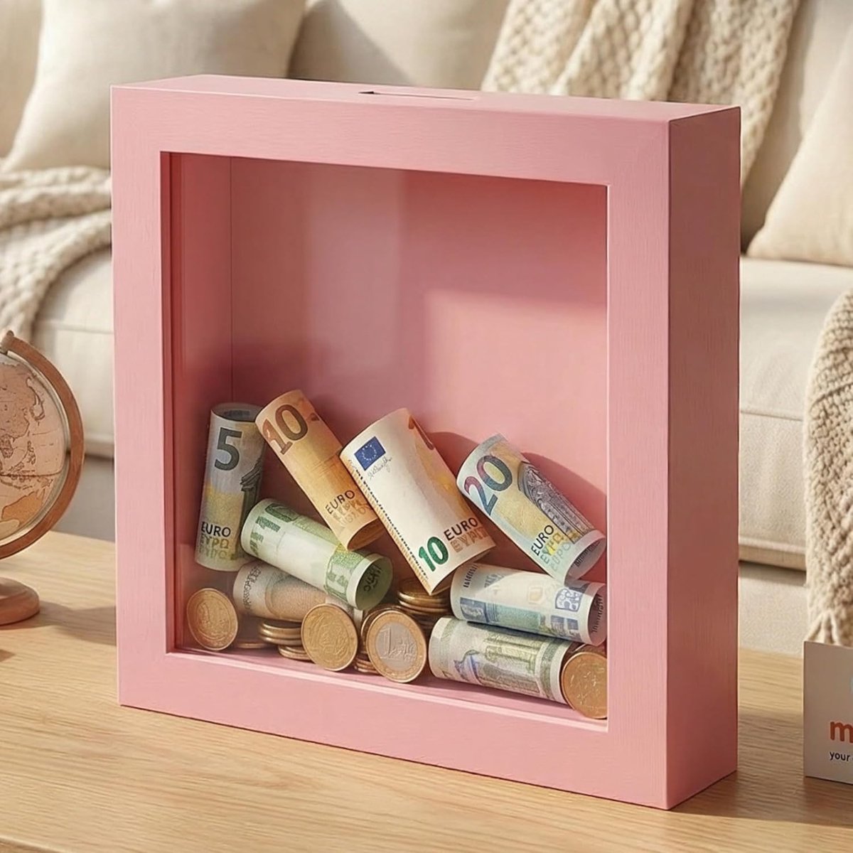 spaarpot 3D-fotolijst met transparante voorruit, geschenk, spaarvarken, geldgeschenkverpakking (Blanko - roze, rechthoekig)