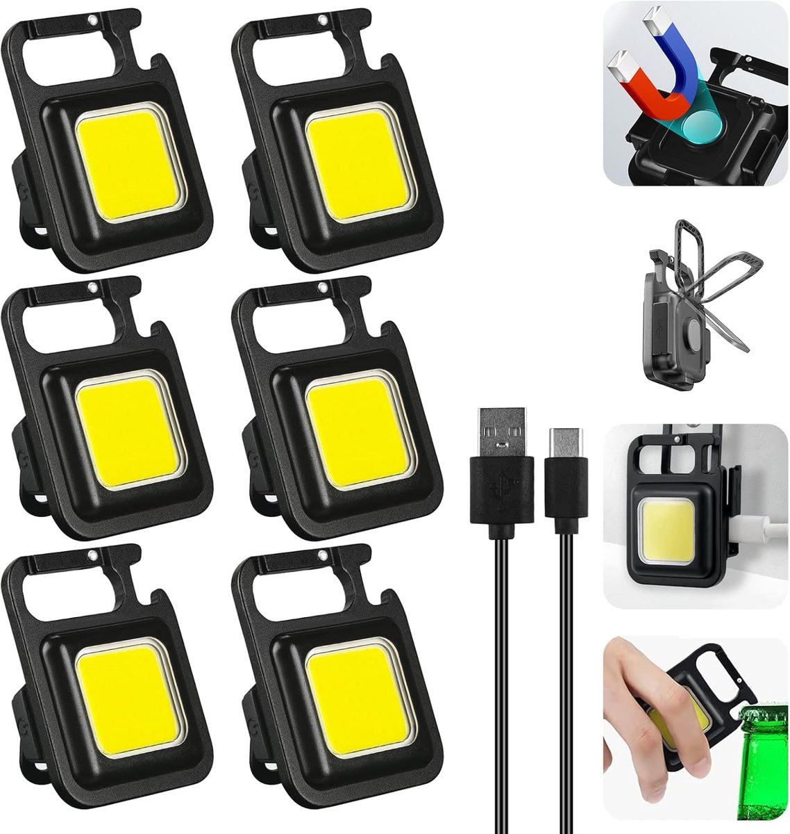 Mini-led-lamp, werklamp, 6 stuks, waterdichte inspectielampen, 800 lumen, magnetisch mechanisch licht, draagbaar, met USB opladen, COB-zaklampen voor camping, reparatie, noodverlichting