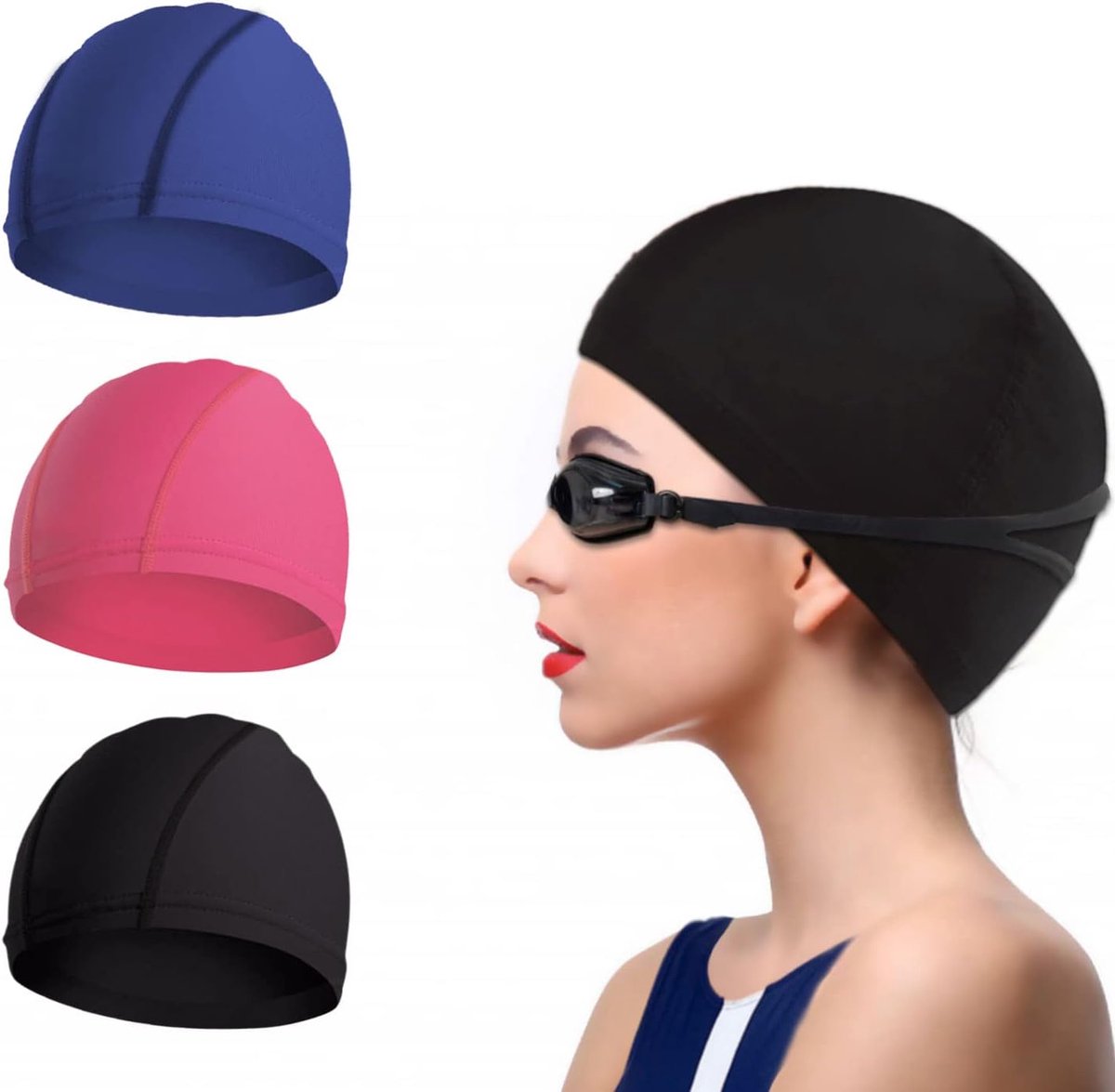 3 Stuks Zwemmen Caps Comfortabele Stof Zwemmen Hoed Premium Kwaliteit Rekbare Unisex Polyester Doek Zwemmen Cap Lichtgewicht Badmutsen voor Watersport 3 Kleuren