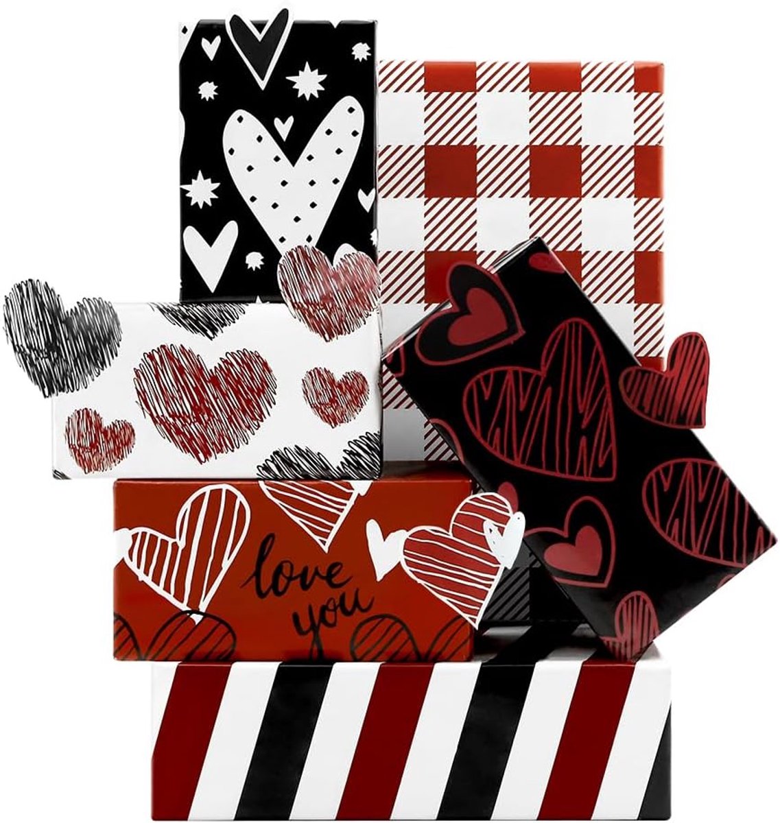 Cadeaupapier Valentijnsdag 6 vellen, rood zwart wit cadeaupapier liefde harten 6 ontwerpen, cadeaupapier bruiloft 68 x 50 cm voor Valentijnsdag jubileum verjaardag zoete vakantie feest
