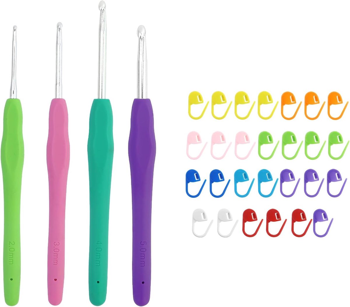 Haaknaalden, 4 maten, ergonomische haaknaalden, metaal, haaknaalden met kleurrijke siliconen handgreep, 14 cm, extra lange haaknaald, breinaald voor beginners (2/3/4/5 mm), met 20