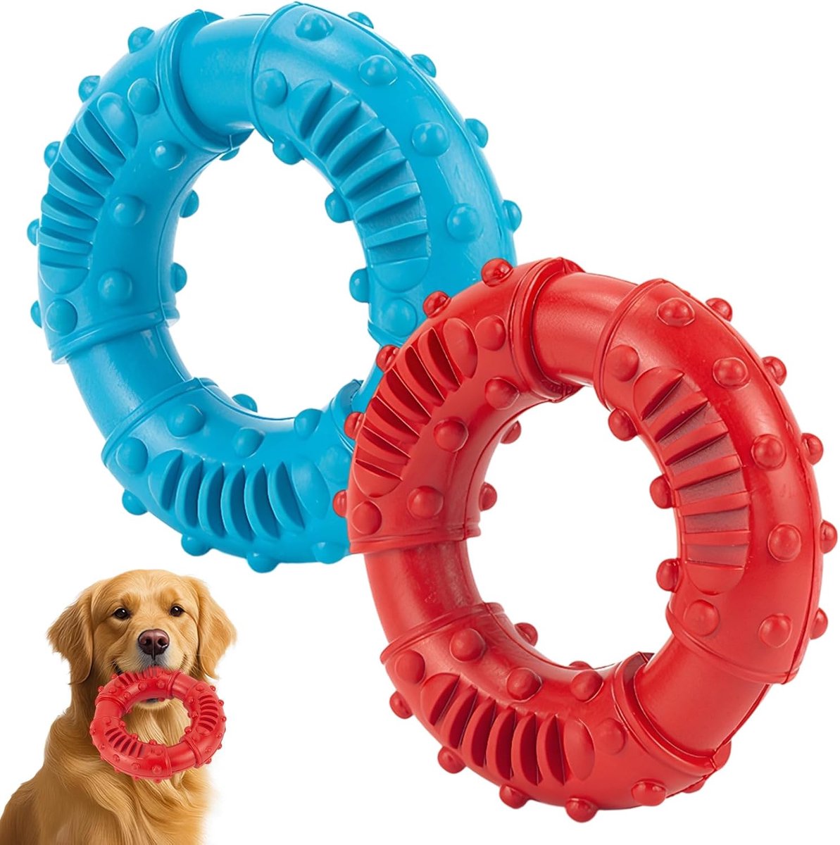 2 stuks onverwoestbaar speelgoed, hondenspeelgoed, rubber speelgoed, natuurlijk rubber, diameter 13 cm, voor kleine, middelgrote en grote honden (rood en blauw)