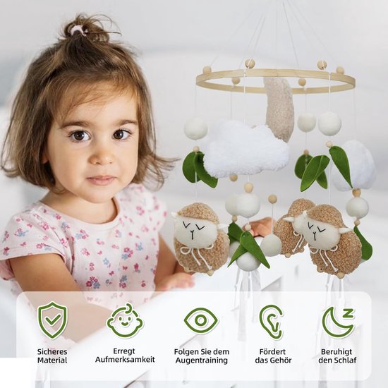 Mobile baby windgong, 3D schapen, maan wolken, mobiel baby hout met vilten ballen, bedbel, hanger voor babybed — afbeelding 2