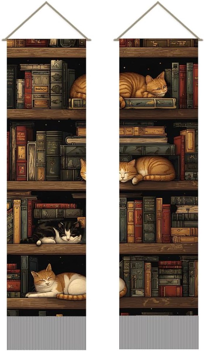 2-delige kattenboekenplank wandtapijt vintage boekenplank wandkleden vintage bibliotheek lang verticaal wandtapijt met kwastjes voor retro wandkunst thuiskantoor kunstwerkdecoratie, 116x33