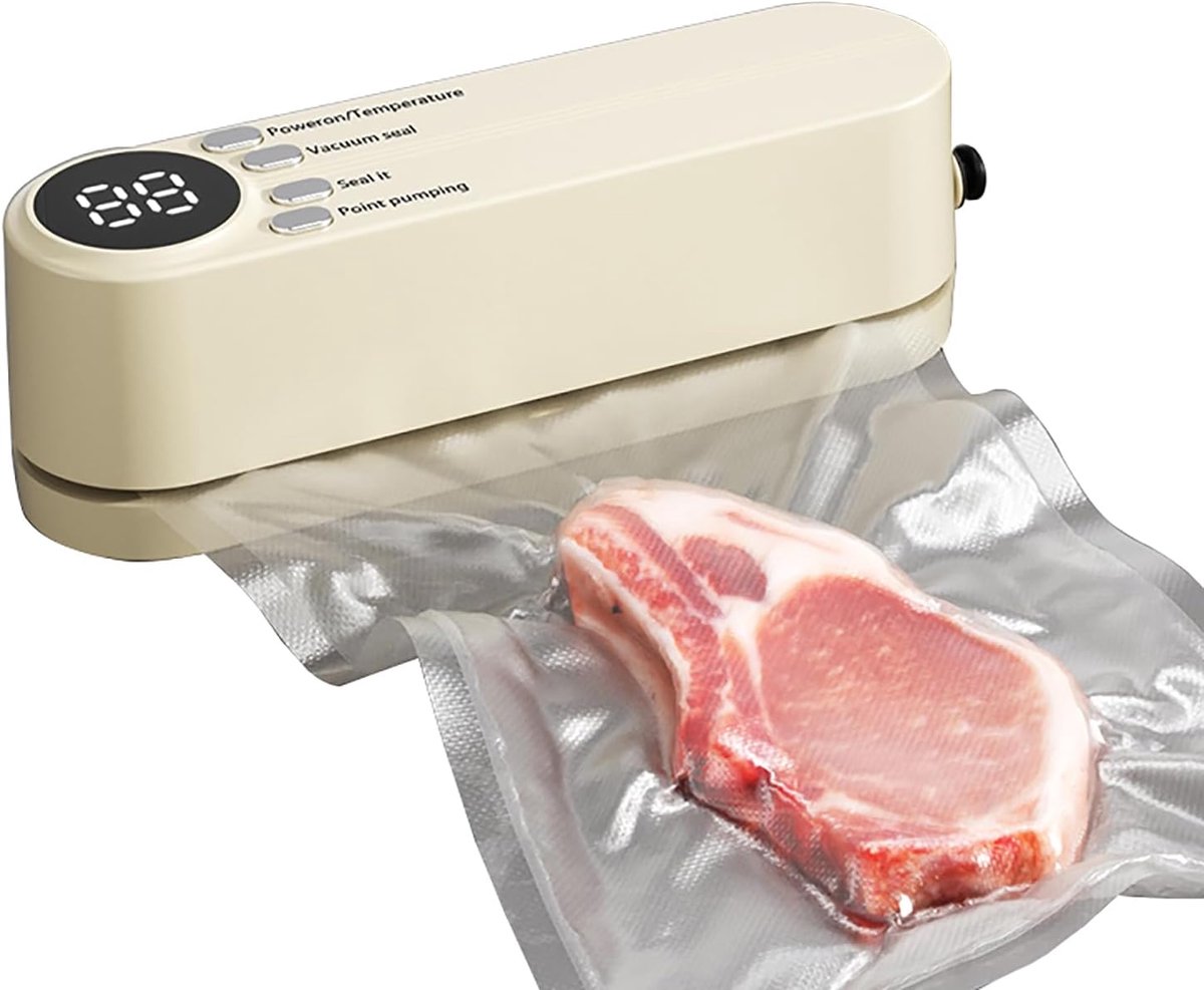 draagbare vacuümsealer voor continu werken met hoge snelheid, folielasapparaat voor levensmiddelen, incl. 4 vacuümzakken en 1 inflator adapter (beige)