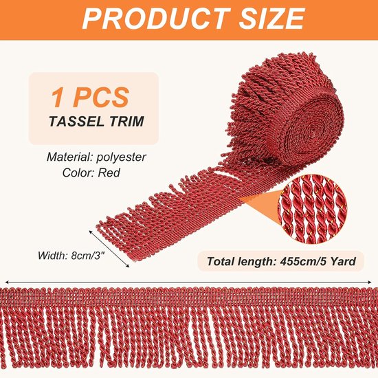Kwasten franje trim, 12,5 m x 7,5 cm stoffen trim versieringen franjes voor naaien DIY handwerk gordijnen kussen lampenkappen sofa kleding rood — afbeelding 4