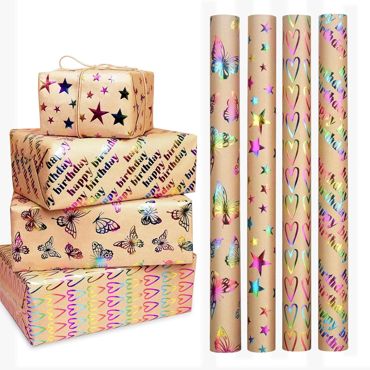 Cadeaupapier 4 Rollen Cadeaupapierrollen Kinder Verjaardag 43 x 300cm Set Recycleerbaar Driedimensionaal Glinsterende Volwassen Cadeau Papier Kraftpapier Geschenkpapier
