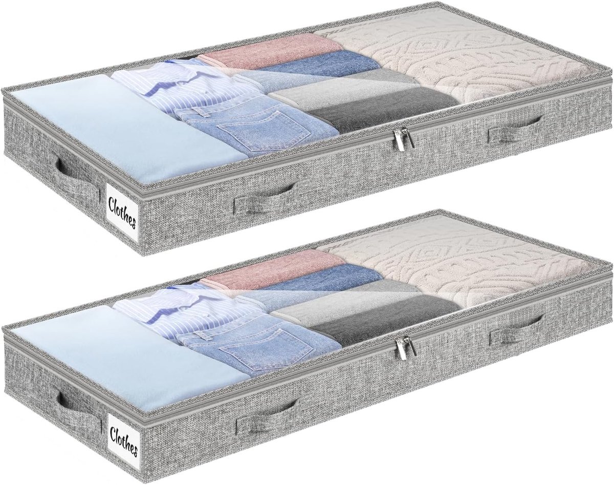 Opbergdoos voor onder het bed, 2 stuks, onderbedcommode en helder deksel, 10 cm hoog, kledingopslag en organisatie van duurzaam materiaal, zonder vaste structuur, 4 handgrepen en 2 ritssluitingen