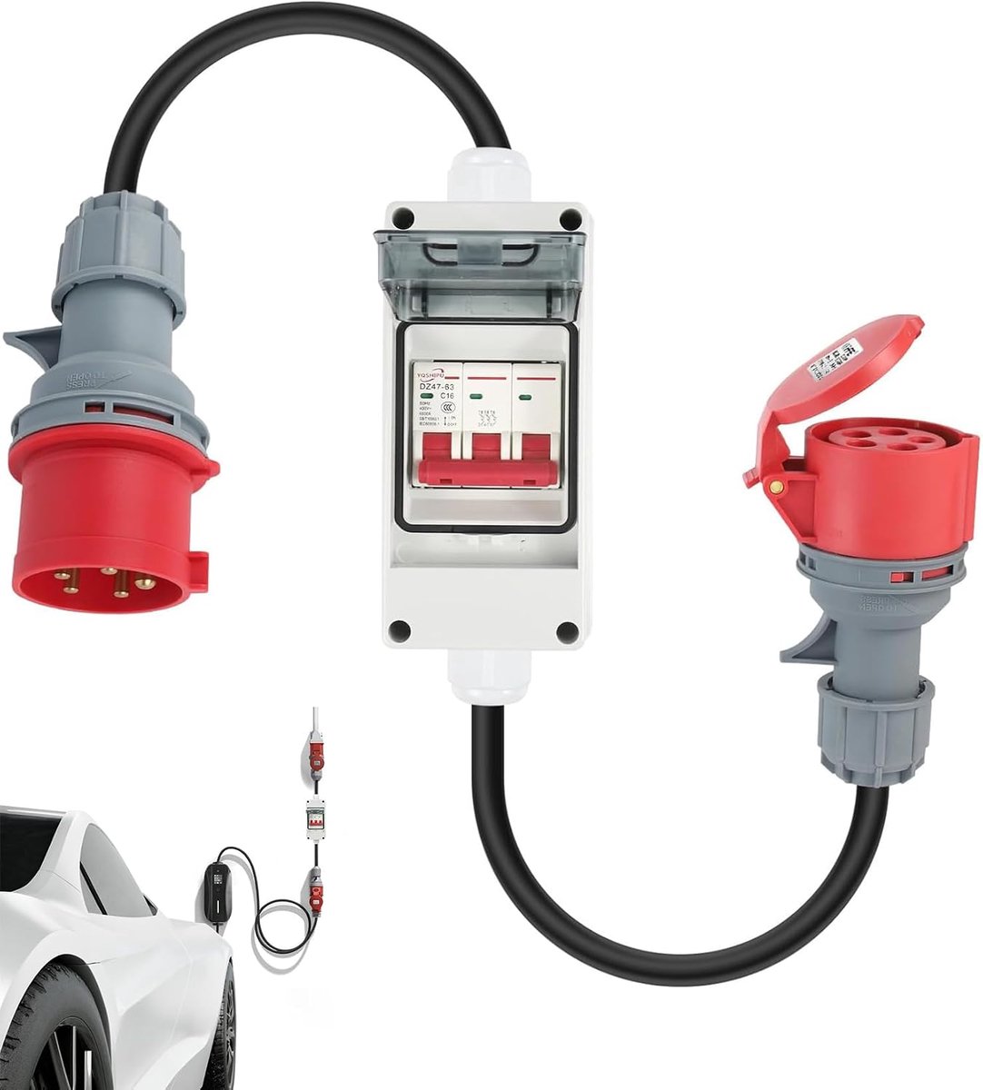 cee adapter 32A,Zware adapter 32A naar 16A met stroomonderbreker, 5-polige 400V koppeling zware stroomverdeler, CEE verlengkabel, IP 44 waterdicht stopcontact, voor caravan camper