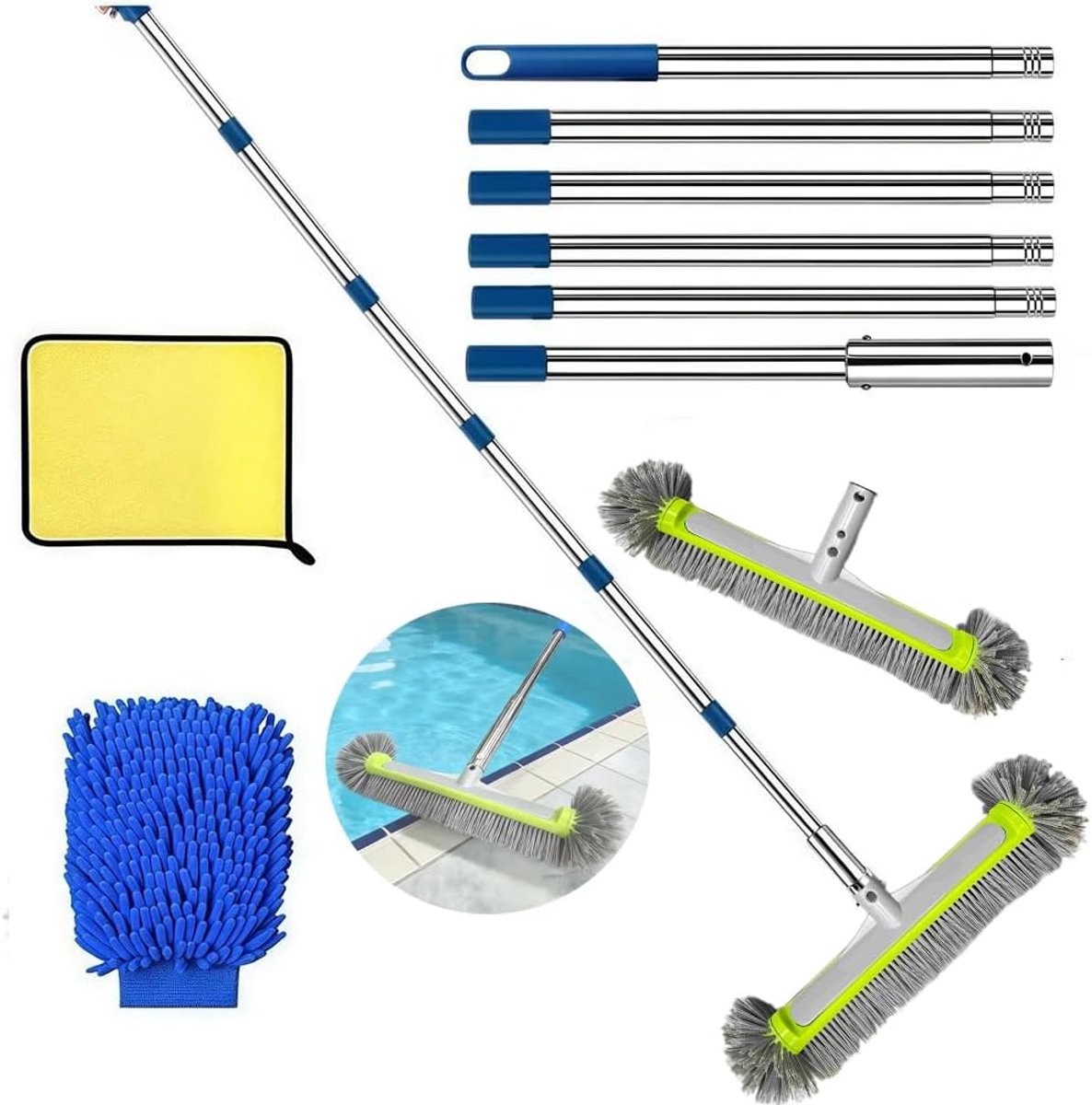 Zwembadborstel met telescoopstang, 230 cm lang, zwembadreinigingsborstel 45 cm, zwembadbezem met in lengte verstelbare roestvrijstalen stang, zwembadborstelset, zwembadreinigingsborstel, voor