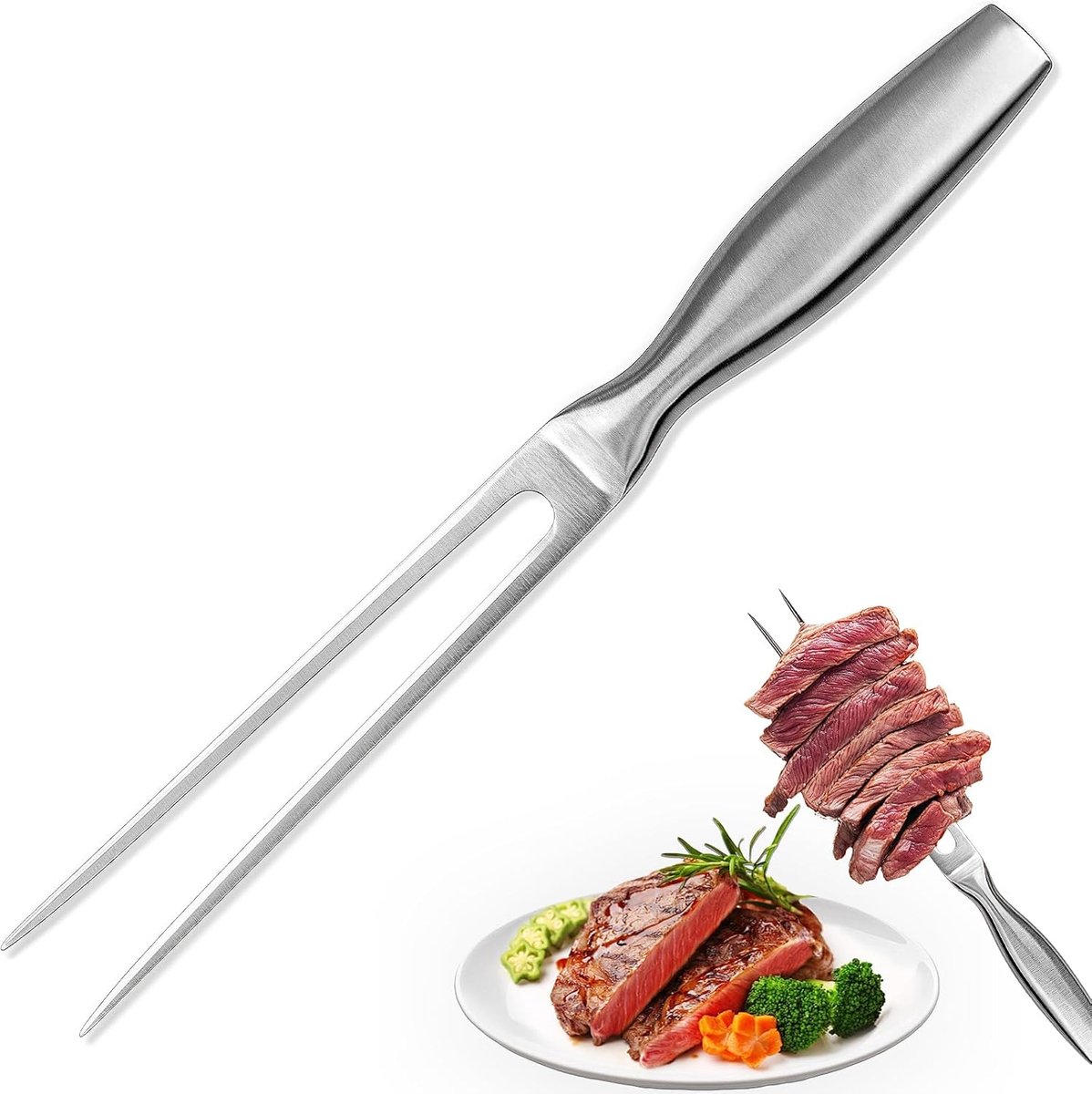 Vleesvork, roestvrij staal, 27 cm, grillvork, braadvorken, trancheervork, rechte vleesvork met handvat, klassieke stijl, grillvork van roestvrij staal, voor steaks, braden, gebraden kip en groenten