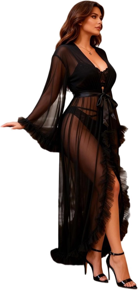 comeondear Kimono voor dames, lang, doorzichtig, sexy, ochtendjas, tule, robe, grote maten, badjas, transparante lingerie, ondergoed voor mollige maxi-jurk, negligé, strandjurk, bikini cover-up met
