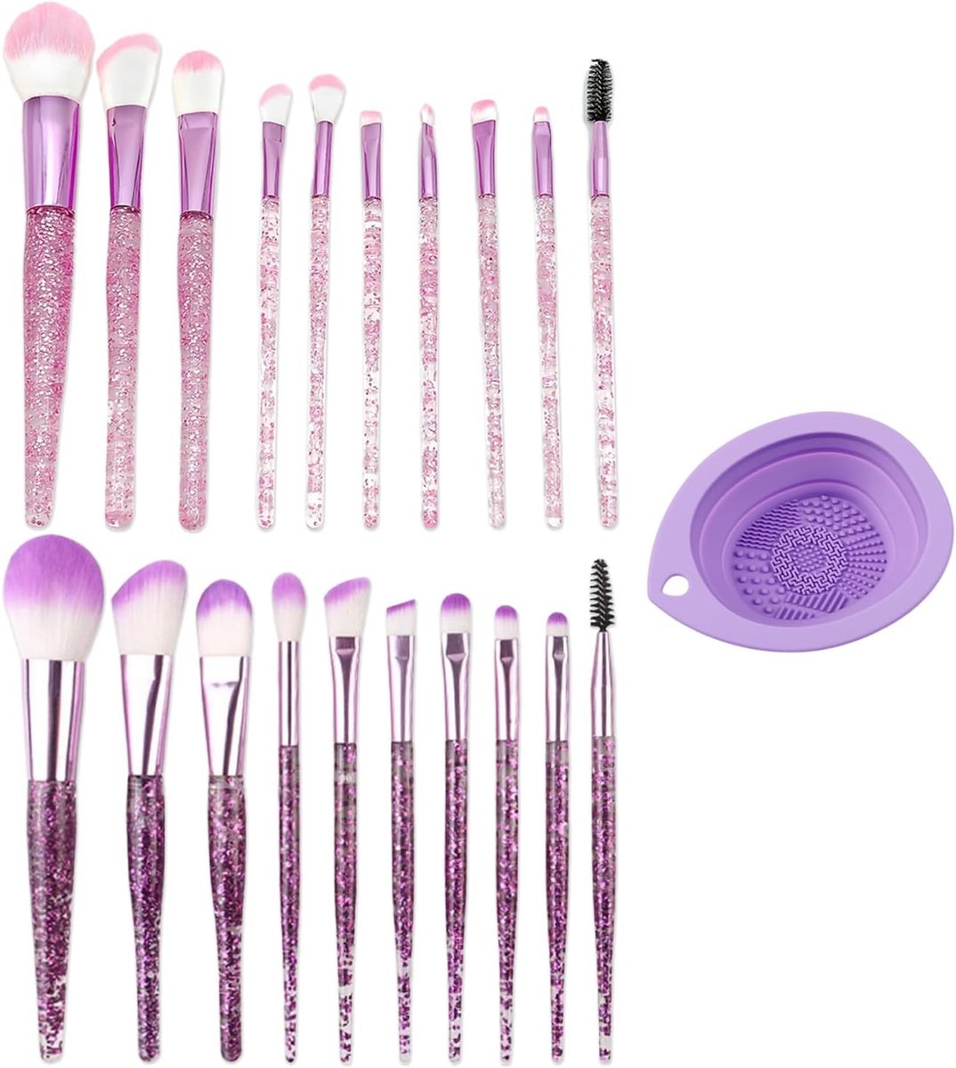 20 make-upborstels, 1 opvouwbaar reinigingsdienblad voor make-upkwasten, make-upkwast met glitterkristallen handvat, concealer kwastenset.
