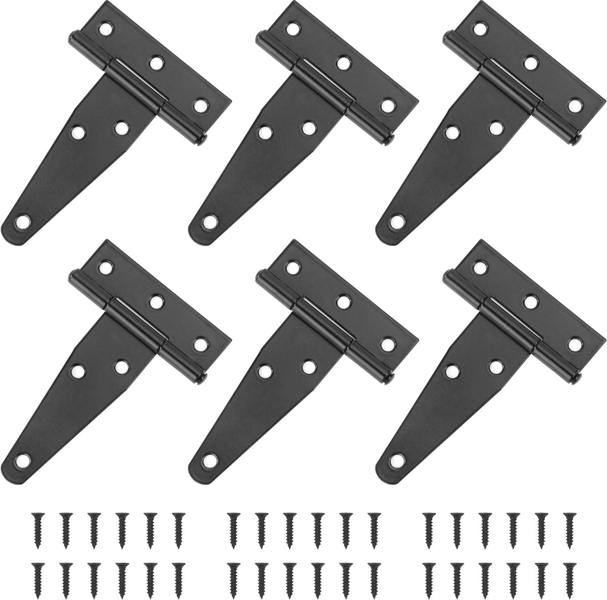Scharnieren, 6 stuks, heavy duty, zwart, 75 mm T-scharnieren, verzinkt, T-vormig deurscharnier, inklapbaar, met schroeven voor schuurdeuren, tuinpoorten, ramen