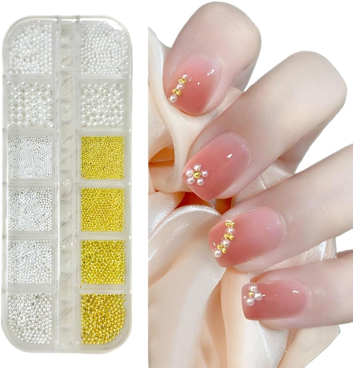 1 doos witte kralen voor nagels, kaviaarkralen voor nagels, gouden en zilveren nagelbedels, kralen voor nagels, nagelkunstaccessoires