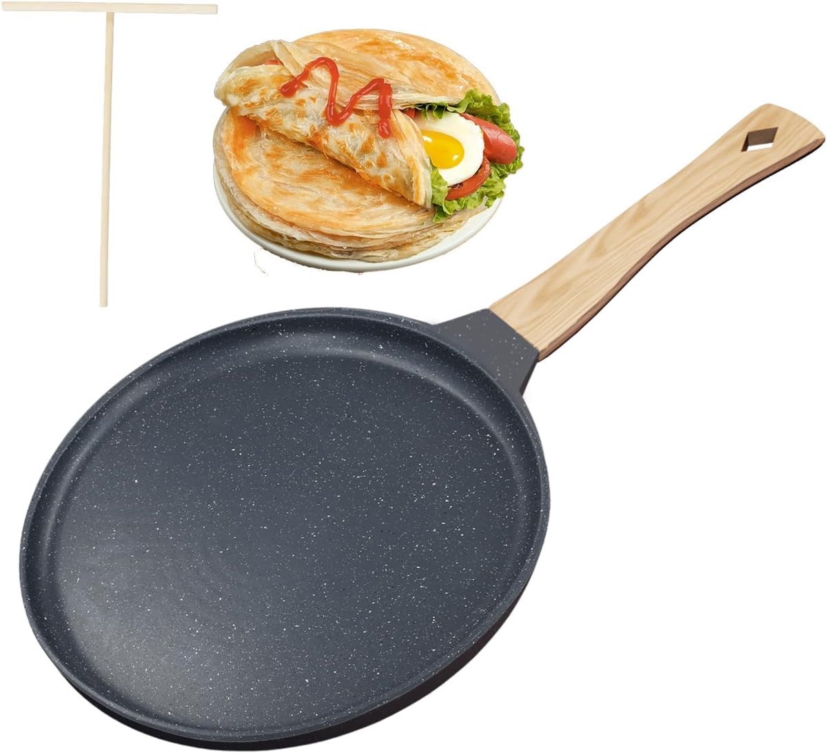 Pannenkoekenpan voor inductie,Crepe Pfanne 24cm,Antihaftpfanne Pfannkuchen flache Pfanne mit Teigverteiler, Granit-Antihaftbeschichtung Pancake Pfanne,mit Abnehmbarer Griff,für alle Herdarten