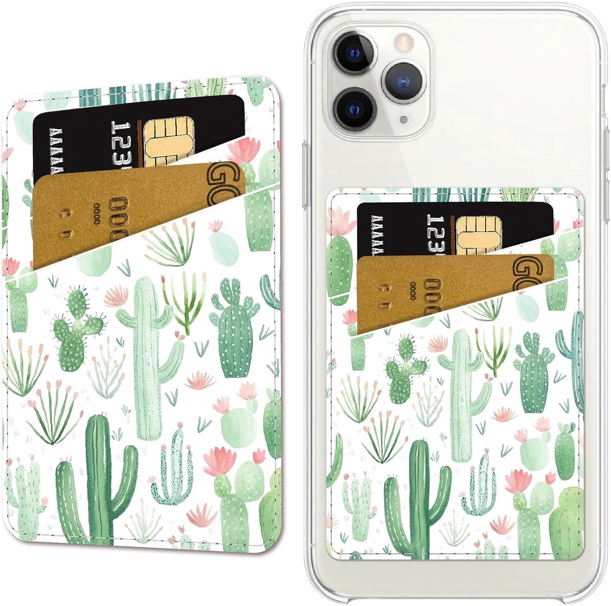Cactus Lederen Mobiele Telefoon Portemonnee & Creditcard Houder Slanke Dubbele Pocket Stick on Zelfklevende voor Achterkant van Telefoon Case Compatibel