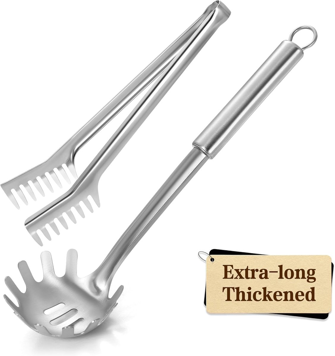 Roestvrijstalen spaghettilepel en roestvrijstalen spaghettitang, 30 cm extra dikke, noedellepel en pastasang, gemakkelijk op te bergen en vaatwasmachinebestendig, ergonomisch design