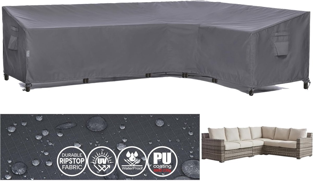Outdoors Waterdichte hoekbankhoes, 600D, zwaar belastbare, ripstop PU-coating, terrasbankhoezen, L-vormige rotan meubelbeschermers. Luxe meubelopslag (287 + 211) x 85 x 58 / 79 cm