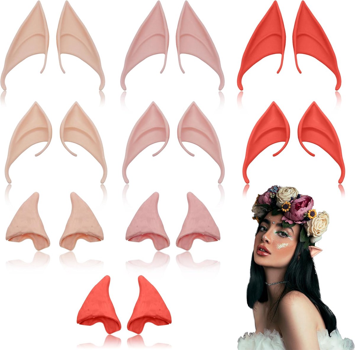 9 Paar Latex Elfenoren, 3 Maten Zachte Elf Oren voor Volwassenen Cosplay, Halloween Elfenoren van Latex Voor Halloween Carnaval Cosplay Kostuum