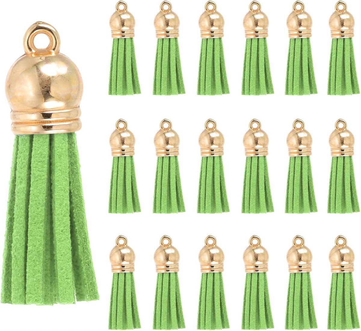 Kwastjes, 100 Stuks Faux Lederen Suède Kwastje Sleutelhanger Charm Bulk met Gouden Cap voor DIY Craft Decor Handtassen Armbanden Sieraden Maken Sleutelhanger, Geel-Groen