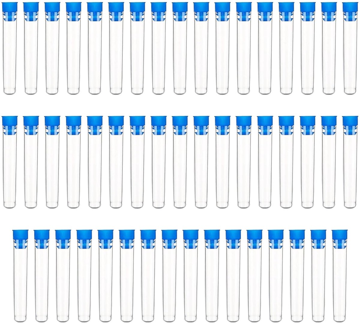 50 stuks kunststof reageerbuisjes, kunststof reageerbuisjes, geschenkbuisjes met blauwe doppen, lege reageerbuisjes, 16 x 100 mm, 13 ml transparant