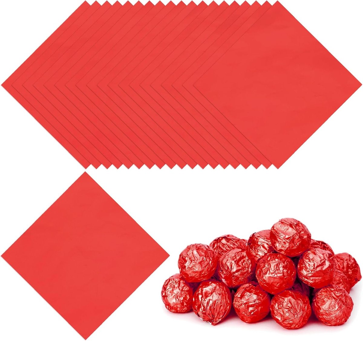 Folie Snoepwikkels 100 x 100 cm, 100 stuks vierkant glanzend aluminiumfolie snoep inpakpapier voor doe-het-zelf chocolade snoepjes verpakking decoratie, rood