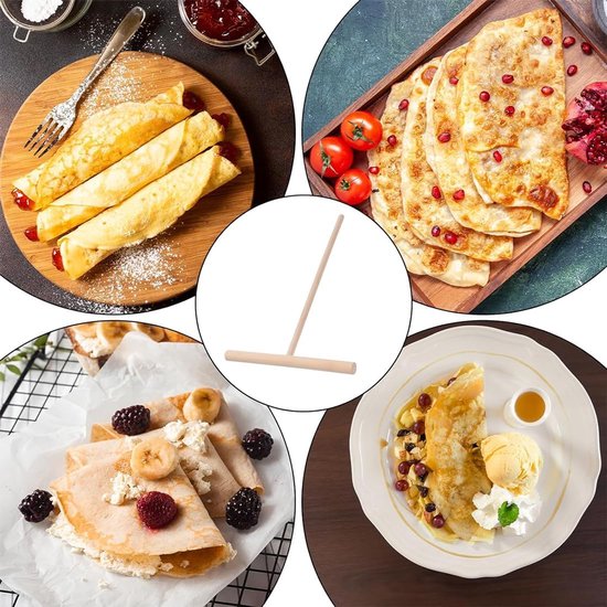 Spatel, 4-delige pannenkoekenspatel, houten pannenkoekenspatel, strooier, crêpe hark, pannenkoekendraaier en deegstandaard, gereedschap voor het verspreiden van pannenkoeken — afbeelding 4