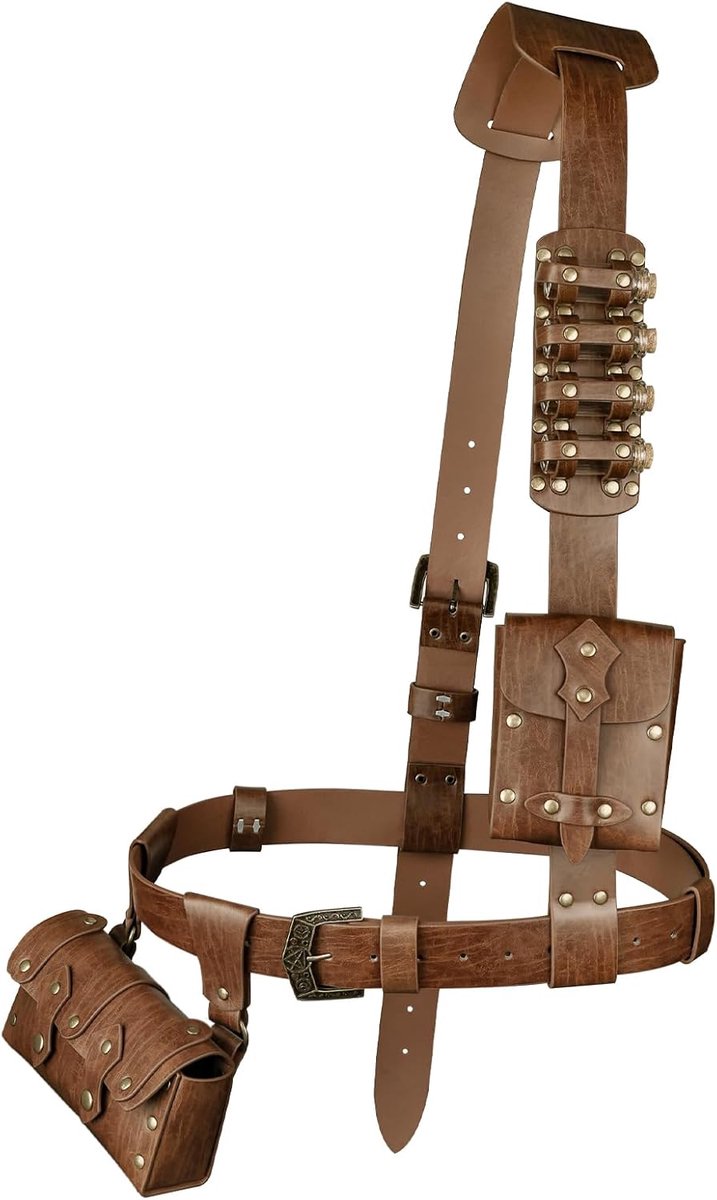 7-delige Middeleeuwse Baldrik Set - Tactische Gordel Accessoires, Renaissance Imitatieleer Gordeltas en Alchemie Fleshouder voor Cosplay