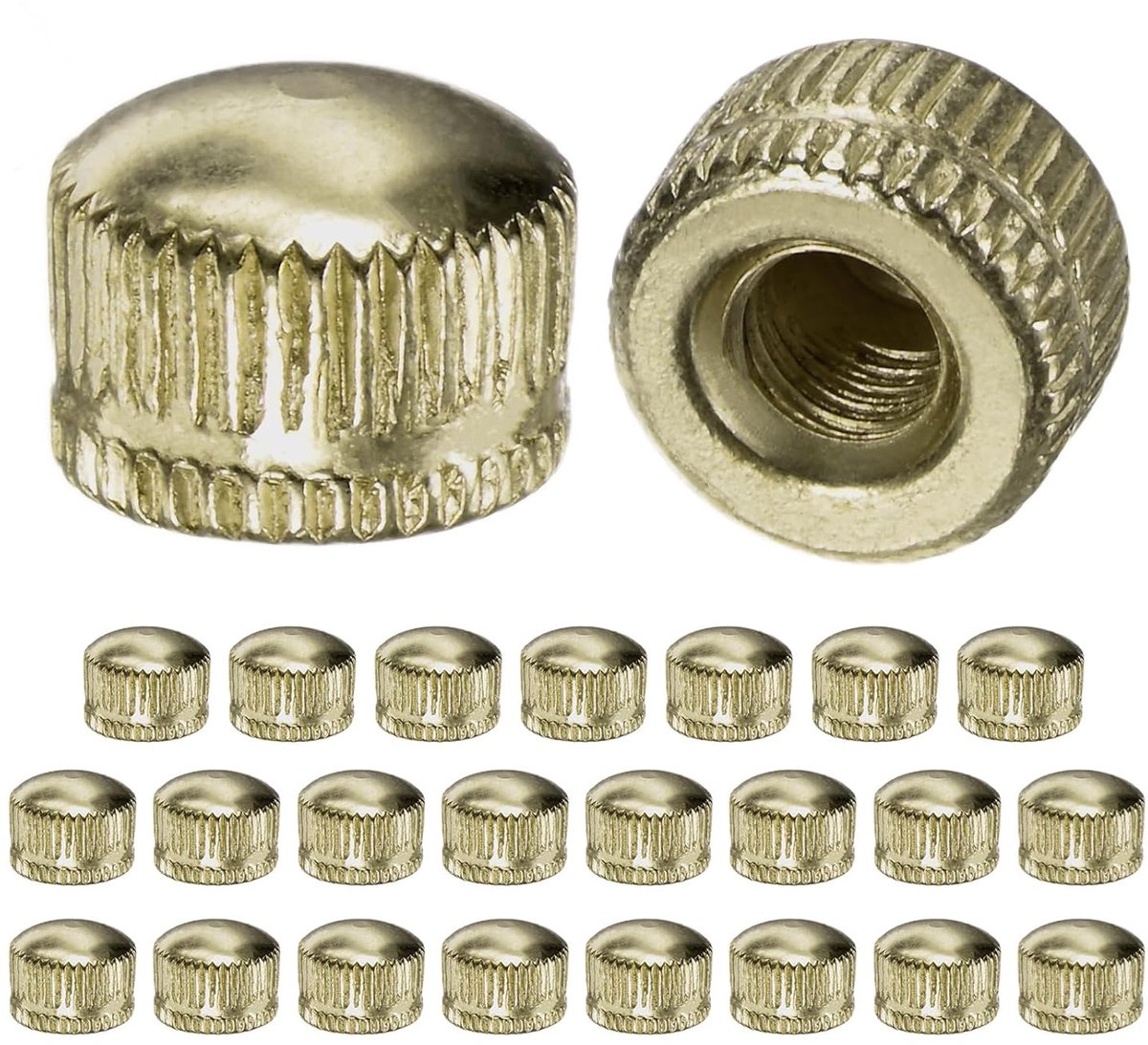 METERXITY 25 stuks draadhoedmoeren, schroefdoppen M5 x 11 mm voor lampen, vrouwelijke gekartelde moer voor vullen/decoratieve lampelementen, schroefdop met kwastjes [koperkleurig]
