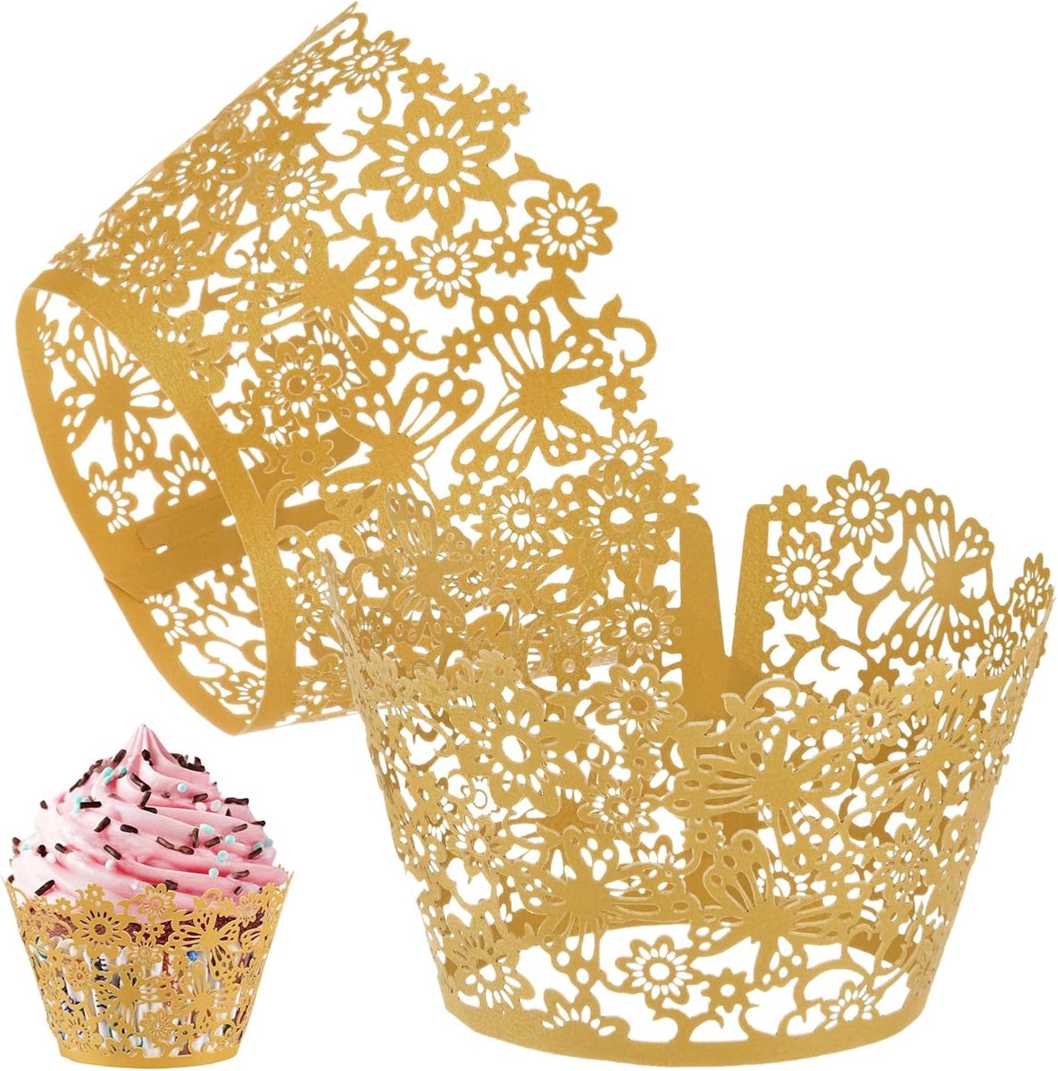 METERXITY 50-Pack Cupcake Wrappers, Parelmoer Art Papier, Bloemen Kant Holle Cupcake Liners voor Bruiloft/Verjaardagsfeestje Decoratie, Bak Cake Papier [Champagne Goud]