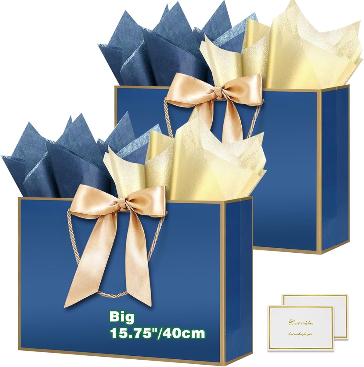 40 x 30 x 12,5 cm, grote cadeauzakjes maxi XXL, grote cadeauzakjes met zijdepapier en kaarten, 40 x 30 x 12,5 cm, cadeautasje voor bruiloft, Kerstmis, zakenfeest, verjaardag, 2 stuks F